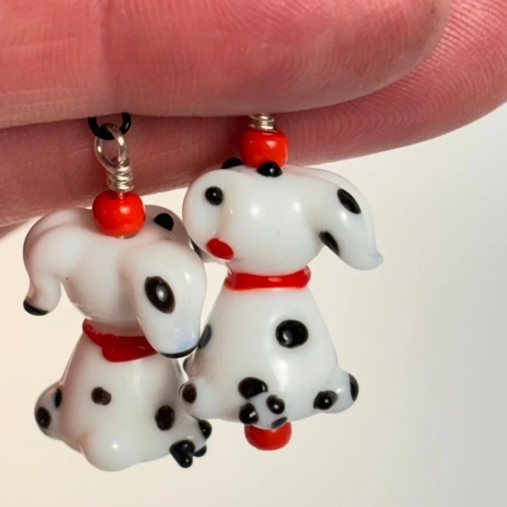 Handmade Dalmatian Dog Earrings White Art Glass Lampwork Whimsygoth Boho Chic